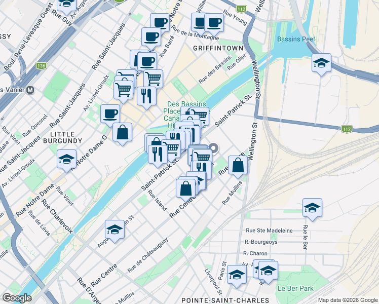 map of restaurants, bars, coffee shops, grocery stores, and more near 1740 Saint-Patrick Street in Montreal
