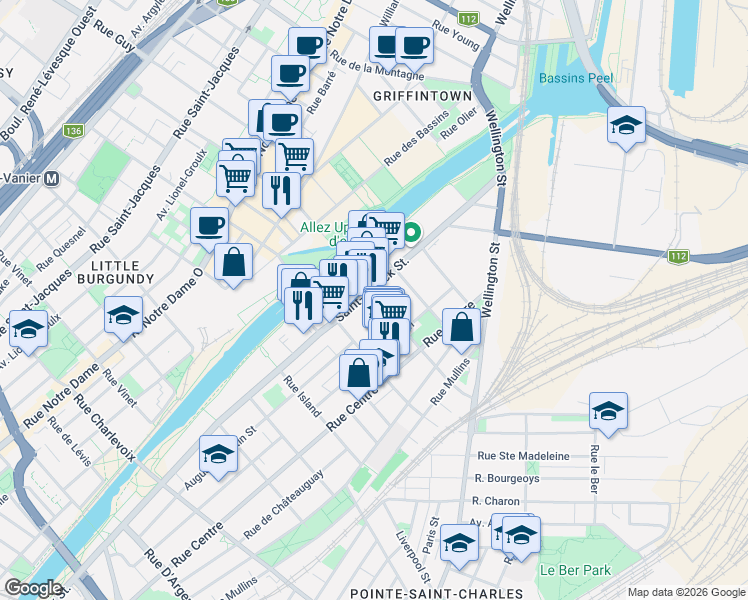 map of restaurants, bars, coffee shops, grocery stores, and more near 1740 Rue Saint-Patrick in Montréal
