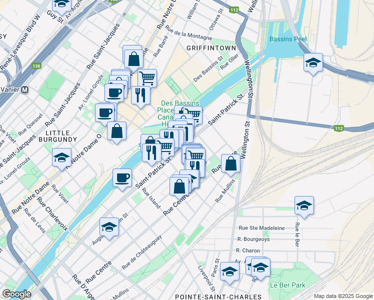 map of restaurants, bars, coffee shops, grocery stores, and more near 1740 Rue Saint-Patrick in Montréal