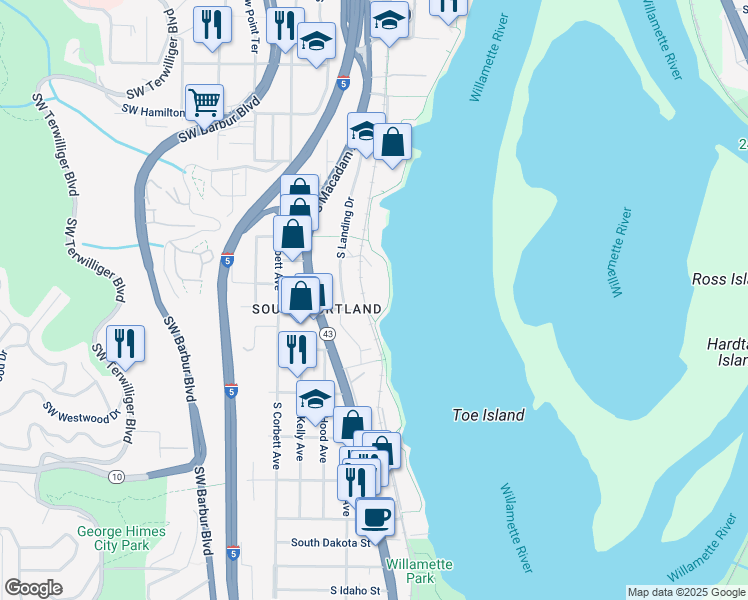 map of restaurants, bars, coffee shops, grocery stores, and more near 5300 South Landing Square Drive in Portland