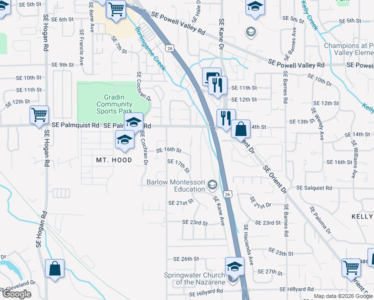 map of restaurants, bars, coffee shops, grocery stores, and more near 1520 Southeast Hale Court in Gresham