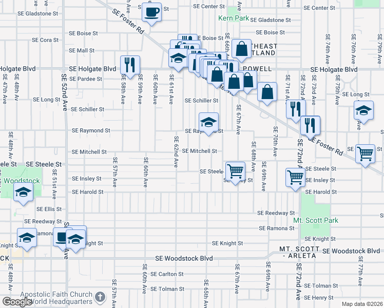 map of restaurants, bars, coffee shops, grocery stores, and more near 5107 Southeast 64th Avenue in Portland