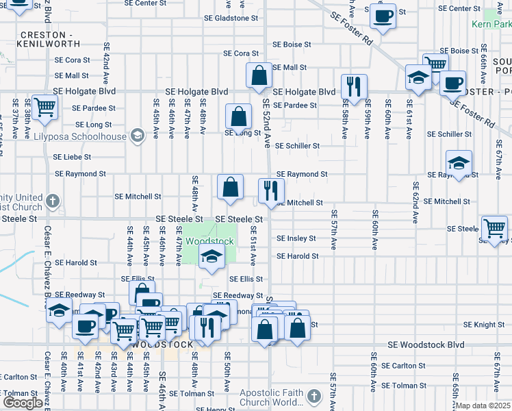 map of restaurants, bars, coffee shops, grocery stores, and more near 5104 Southeast 51st Avenue in Portland