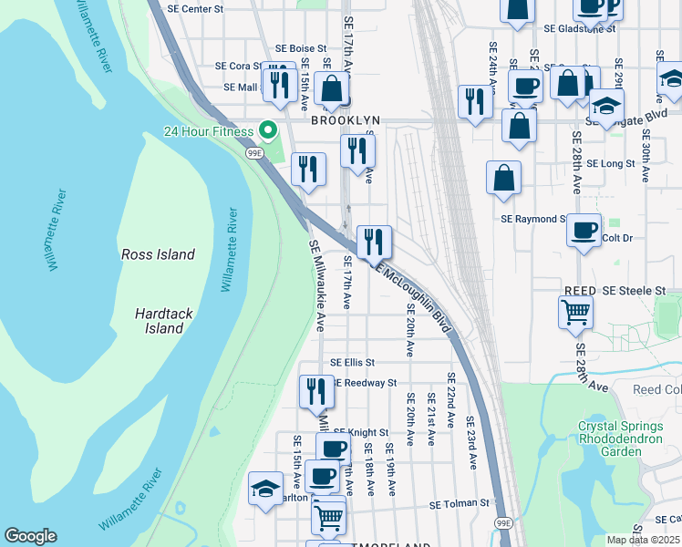 map of restaurants, bars, coffee shops, grocery stores, and more near 5101 Southeast 17th Avenue in Portland
