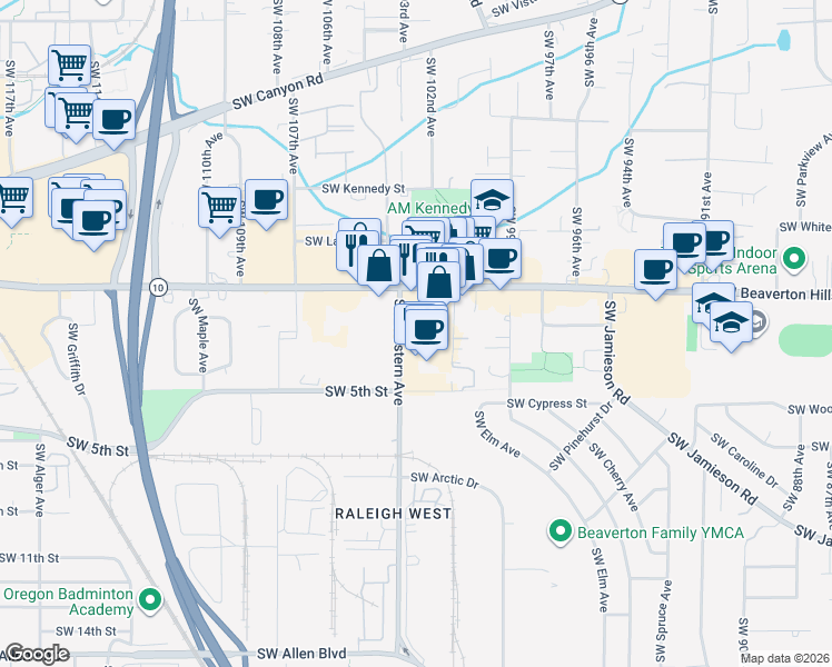 map of restaurants, bars, coffee shops, grocery stores, and more near 10194 Southwest Beaverton Hillsdale Highway in Beaverton
