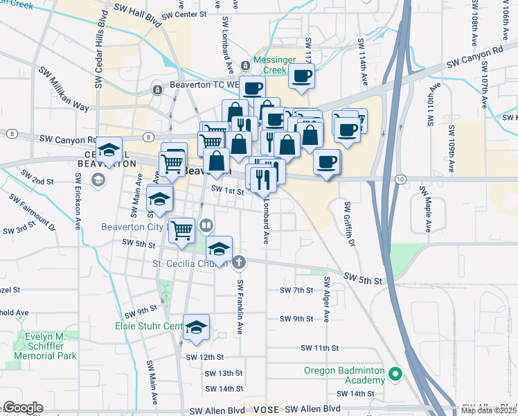 map of restaurants, bars, coffee shops, grocery stores, and more near 12055 Southwest 1st Street in Beaverton