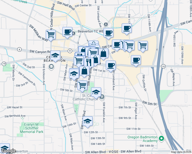 map of restaurants, bars, coffee shops, grocery stores, and more near in Beaverton