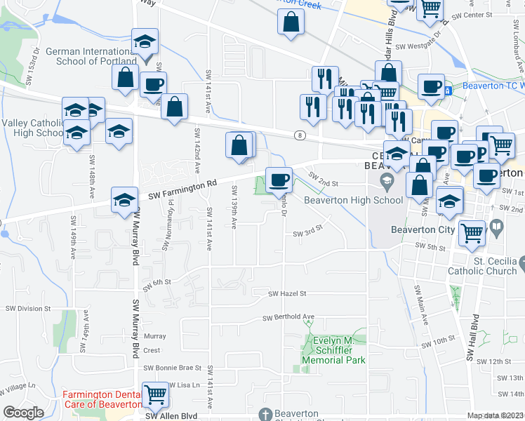 map of restaurants, bars, coffee shops, grocery stores, and more near 13665 Southwest Larch Place in Beaverton