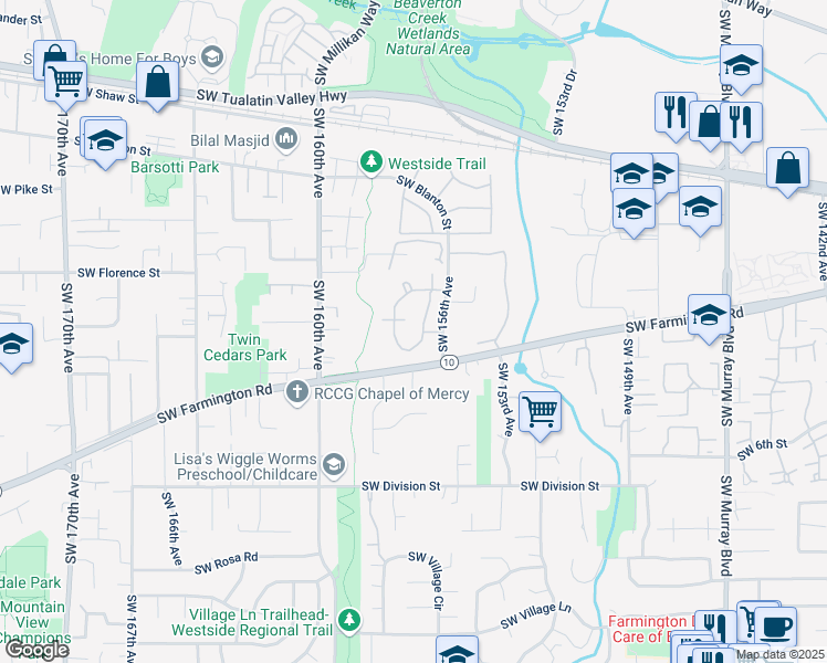 map of restaurants, bars, coffee shops, grocery stores, and more near 4950 Southwest Greensboro Way in Beaverton