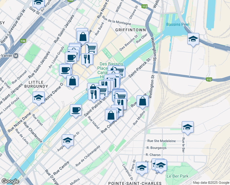 map of restaurants, bars, coffee shops, grocery stores, and more near 1730 Rue Saint-Patrick in Montréal