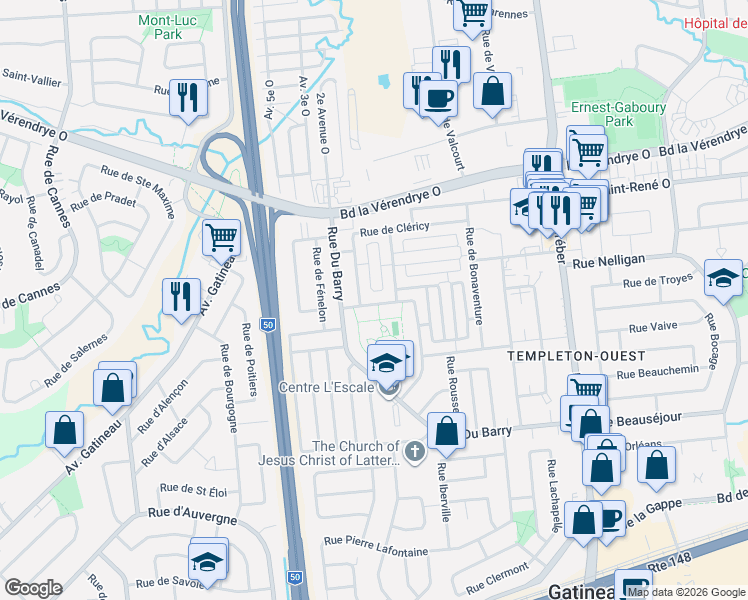 map of restaurants, bars, coffee shops, grocery stores, and more near 122 Rue de Bourassa in Gatineau