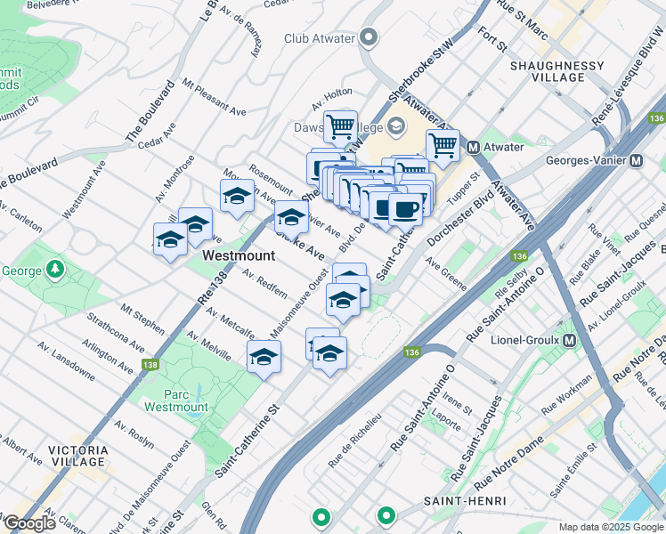 map of restaurants, bars, coffee shops, grocery stores, and more near 4300 Boulevard De Maisonneuve Ouest in Westmount
