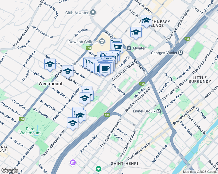 map of restaurants, bars, coffee shops, grocery stores, and more near 4146 Sainte-Catherine Ouest in Westmount