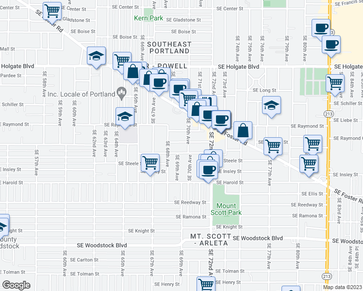 map of restaurants, bars, coffee shops, grocery stores, and more near 6912 Southeast Mitchell Street in Portland