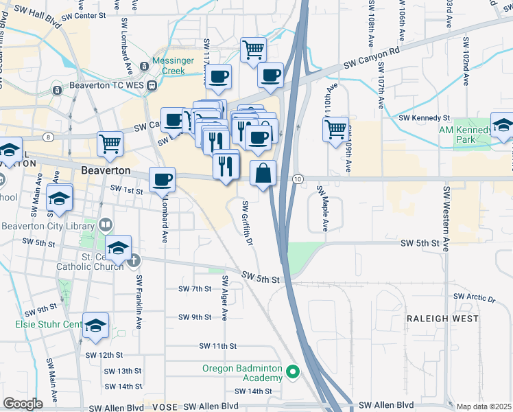 map of restaurants, bars, coffee shops, grocery stores, and more near 11390 Southwest Beaverton Hillsdale Highway in Beaverton