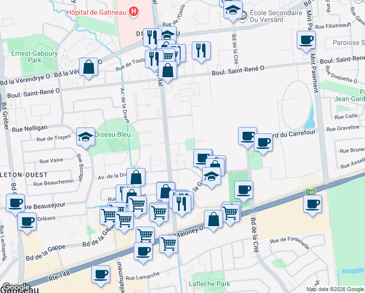 map of restaurants, bars, coffee shops, grocery stores, and more near 79 Rue de la Cité-Jardin in Gatineau