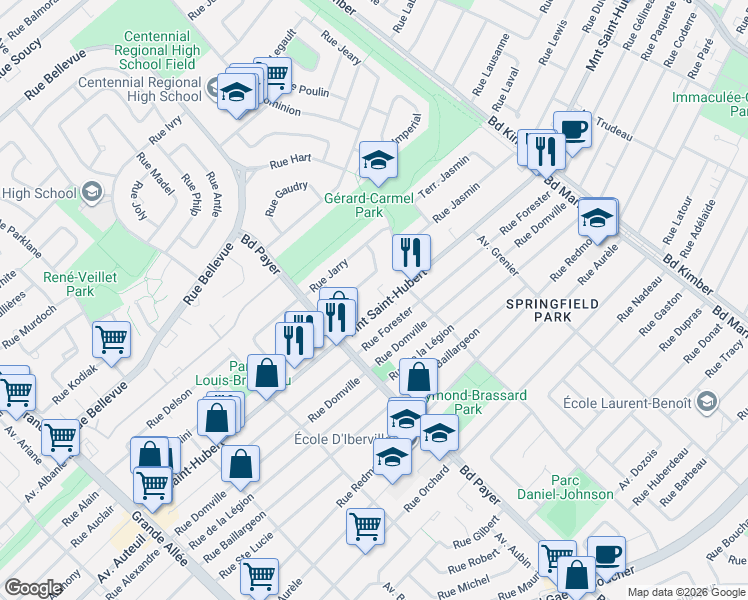 map of restaurants, bars, coffee shops, grocery stores, and more near 4830 Montée Saint-Hubert in Longueuil
