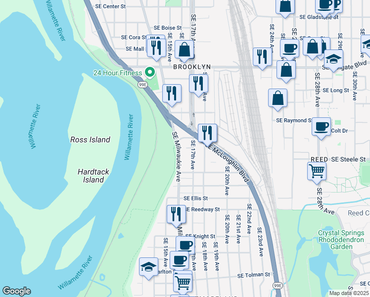 map of restaurants, bars, coffee shops, grocery stores, and more near 5138 Southeast Milwaukie Avenue in Portland