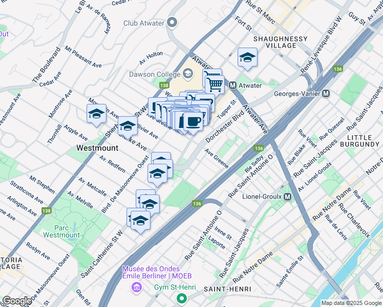 map of restaurants, bars, coffee shops, grocery stores, and more near 4225 Boulevard Dorchester in Westmount