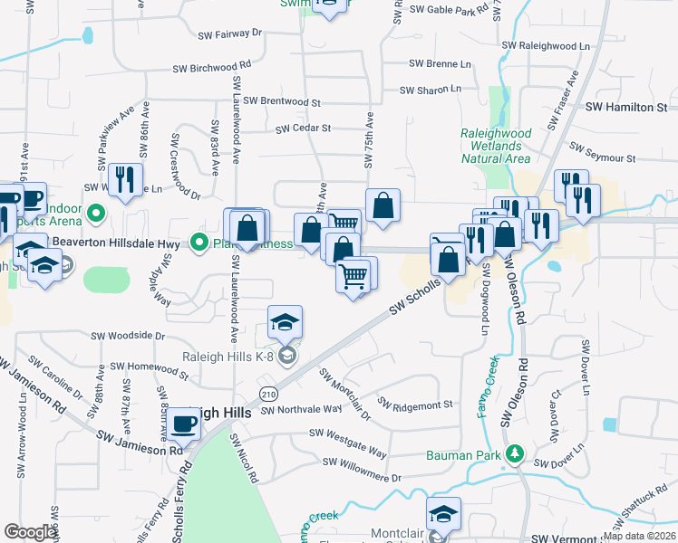 map of restaurants, bars, coffee shops, grocery stores, and more near in Raleigh Hills
