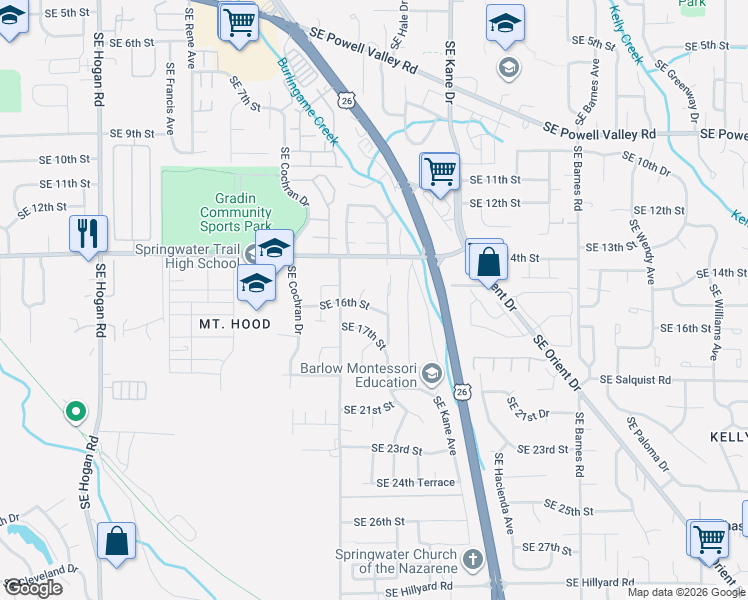 map of restaurants, bars, coffee shops, grocery stores, and more near 1520 Southeast Hale Court in Gresham