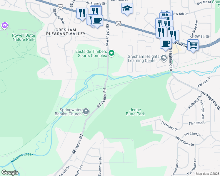 map of restaurants, bars, coffee shops, grocery stores, and more near 5006 Southeast Jenne Road in Portland