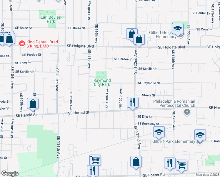 map of restaurants, bars, coffee shops, grocery stores, and more near 11843 Southeast Raymond Street in Portland