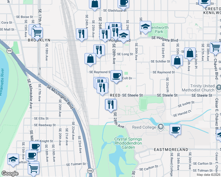 map of restaurants, bars, coffee shops, grocery stores, and more near 5032 Southeast 26th Avenue in Portland
