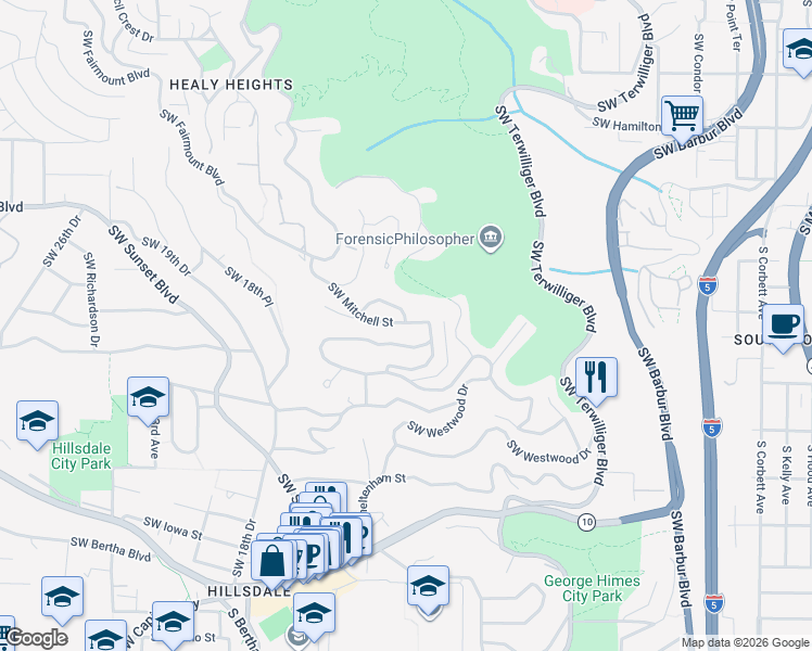 map of restaurants, bars, coffee shops, grocery stores, and more near 1117 Southwest Mitchell Lane in Portland