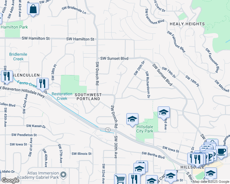 map of restaurants, bars, coffee shops, grocery stores, and more near 5118 Southwest Richenberg Court in Portland