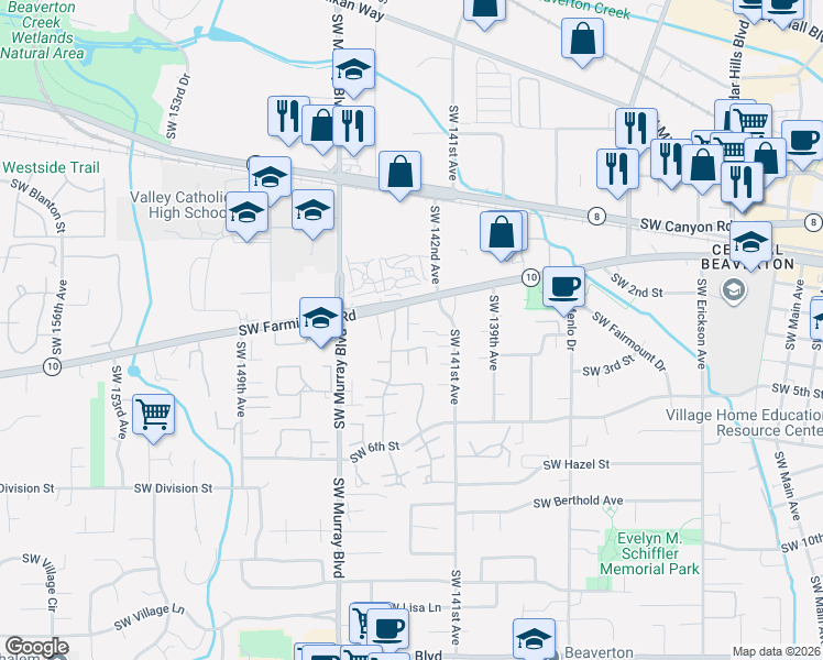 map of restaurants, bars, coffee shops, grocery stores, and more near 14250 Southwest Farmington Road in Beaverton