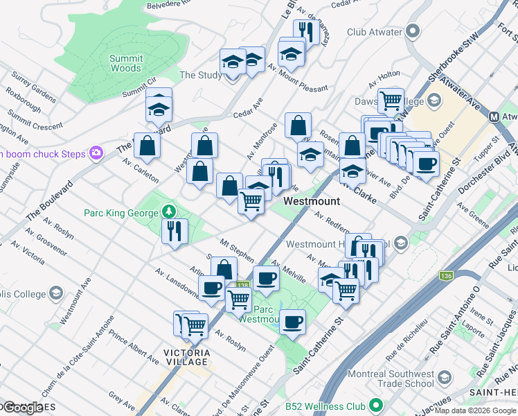 map of restaurants, bars, coffee shops, grocery stores, and more near 1 Avenue Church Hill in Westmount