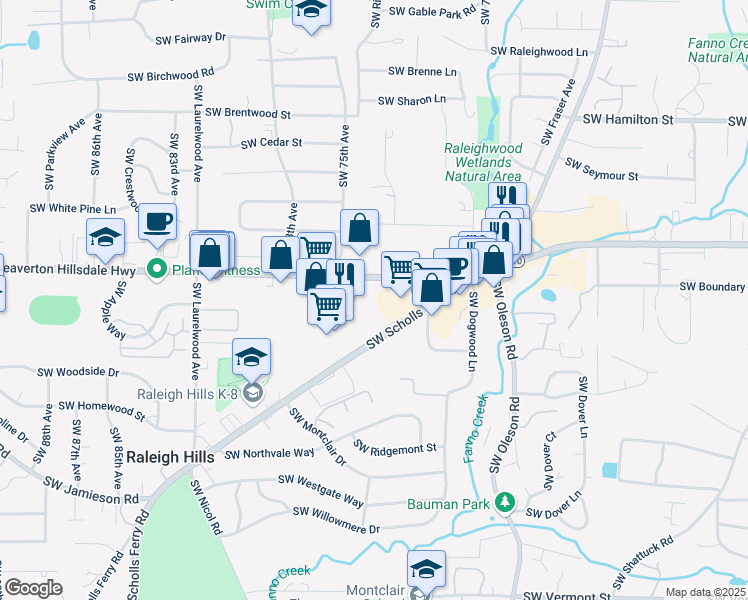 map of restaurants, bars, coffee shops, grocery stores, and more near 7424 Oregon 10 in Portland