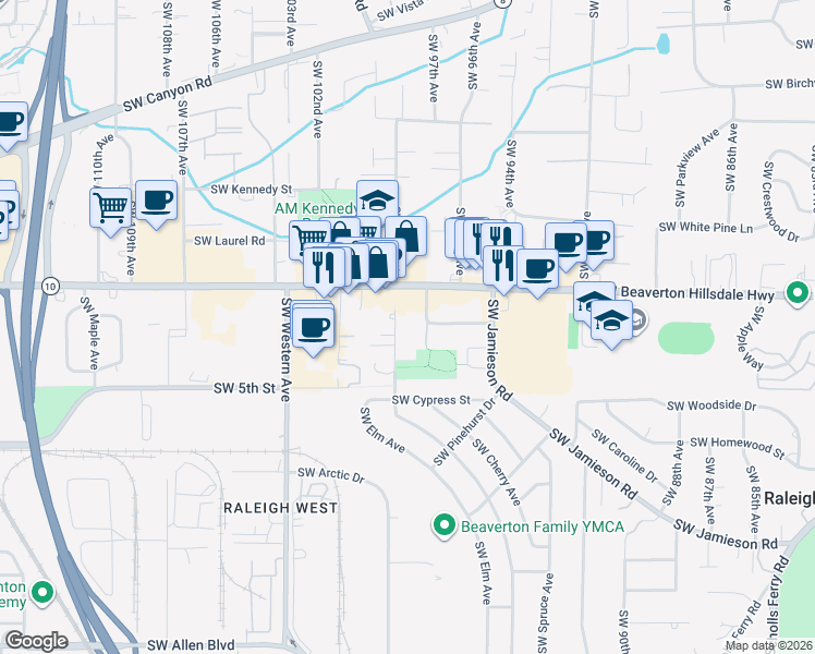map of restaurants, bars, coffee shops, grocery stores, and more near 4800 Southwest Chestnut Place in Beaverton