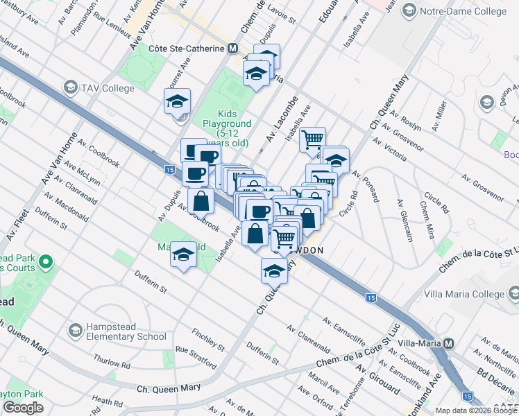 map of restaurants, bars, coffee shops, grocery stores, and more near 5240 Avenue Trans Island in Montréal