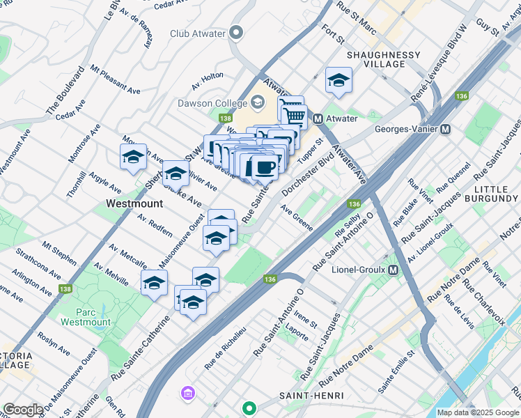 map of restaurants, bars, coffee shops, grocery stores, and more near 4225 Boulevard Dorchester in Westmount