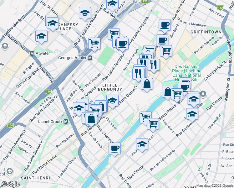 map of restaurants, bars, coffee shops, grocery stores, and more near 542 Boul Georges-Vanier in Montréal