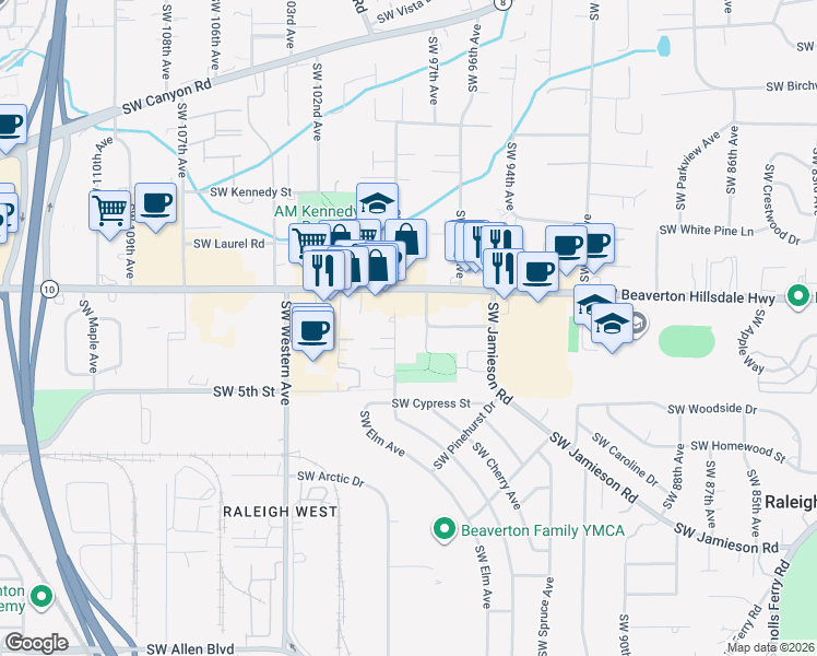 map of restaurants, bars, coffee shops, grocery stores, and more near 4800 Southwest Chestnut Place in Beaverton