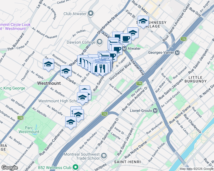 map of restaurants, bars, coffee shops, grocery stores, and more near 4200 Boulevard Dorchester in Westmount
