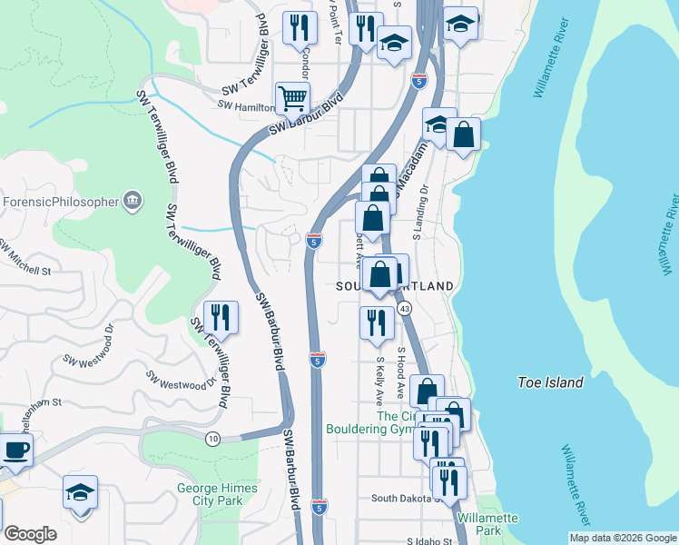 map of restaurants, bars, coffee shops, grocery stores, and more near 5124 South View Point Terrace in Portland