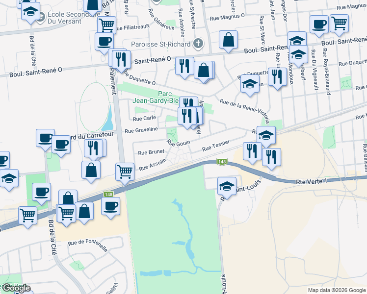 map of restaurants, bars, coffee shops, grocery stores, and more near 37-488 Rue Gouin in Gatineau