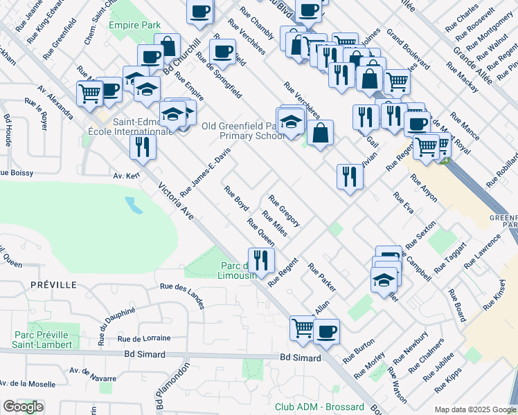 map of restaurants, bars, coffee shops, grocery stores, and more near Rue Miles in Longueuil
