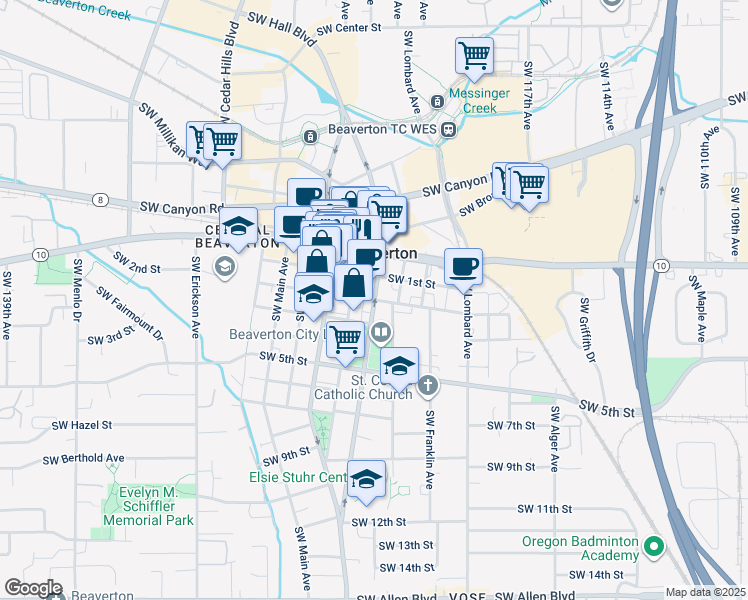 map of restaurants, bars, coffee shops, grocery stores, and more near 4700 Southwest Hall Boulevard in Beaverton