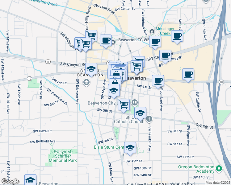 map of restaurants, bars, coffee shops, grocery stores, and more near 12555 Southwest 1st Street in Beaverton