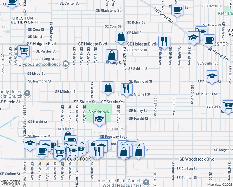 map of restaurants, bars, coffee shops, grocery stores, and more near 5104 Southeast 51st Avenue in Portland