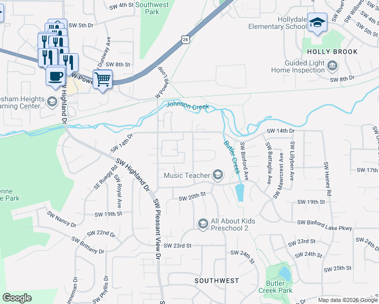 map of restaurants, bars, coffee shops, grocery stores, and more near 3190 Southwest 15th Court in Gresham