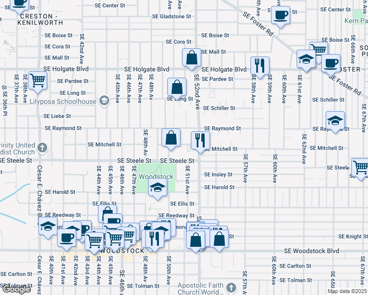 map of restaurants, bars, coffee shops, grocery stores, and more near 5104 Southeast 51st Avenue in Portland