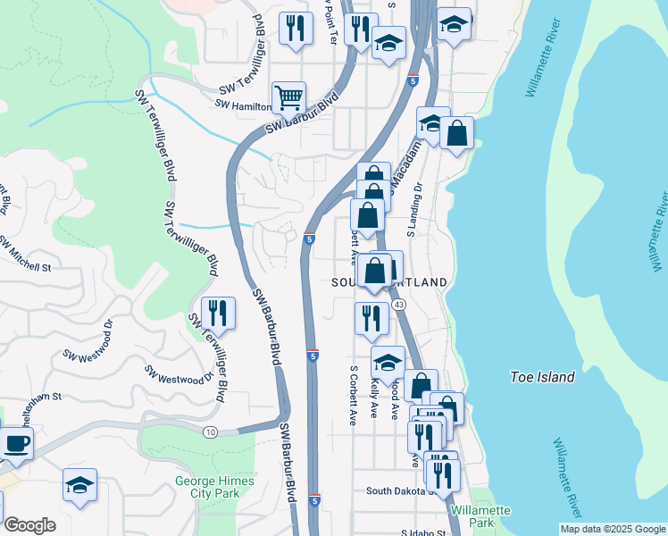 map of restaurants, bars, coffee shops, grocery stores, and more near 5124 South View Point Terrace in Portland