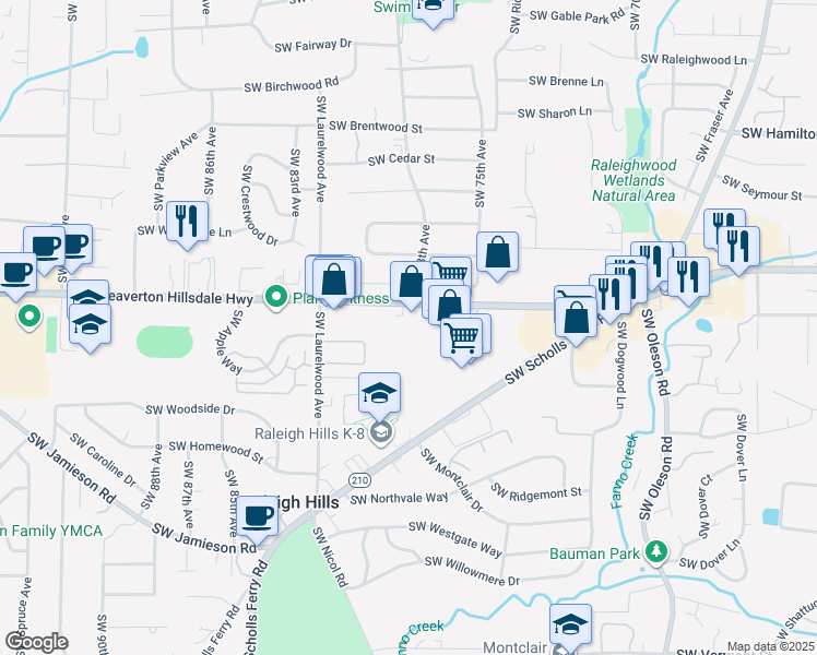 map of restaurants, bars, coffee shops, grocery stores, and more near in Raleigh Hills