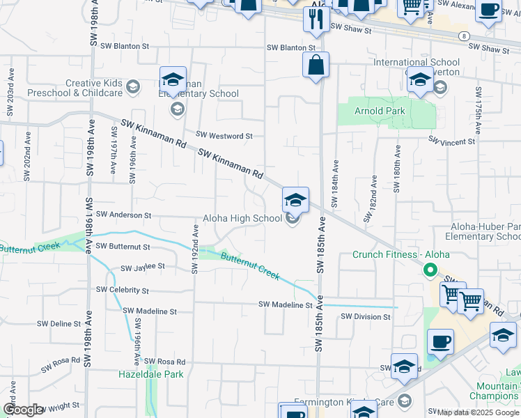 map of restaurants, bars, coffee shops, grocery stores, and more near 18840 Southwest Butternut Street in Aloha